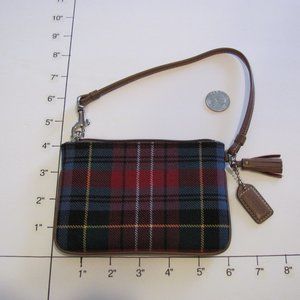 Coach tartan plaid wool and leather tassel wristlet